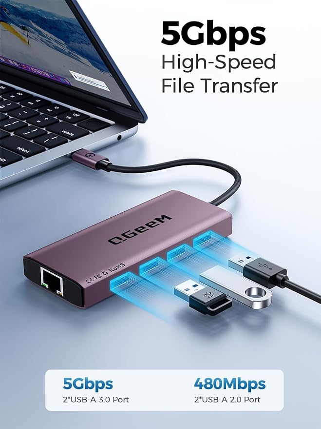 QGeeM USB C Hub Ethernet,9 in 1 USB Type C Hub HDMI Multi-Port Converter Adapter,100W Pd, USB 3.0,SD/TF Card Reader,Compatible for MacBook Pro Air Ipad HP Dell Lenovo Chromebook etc.-Violet