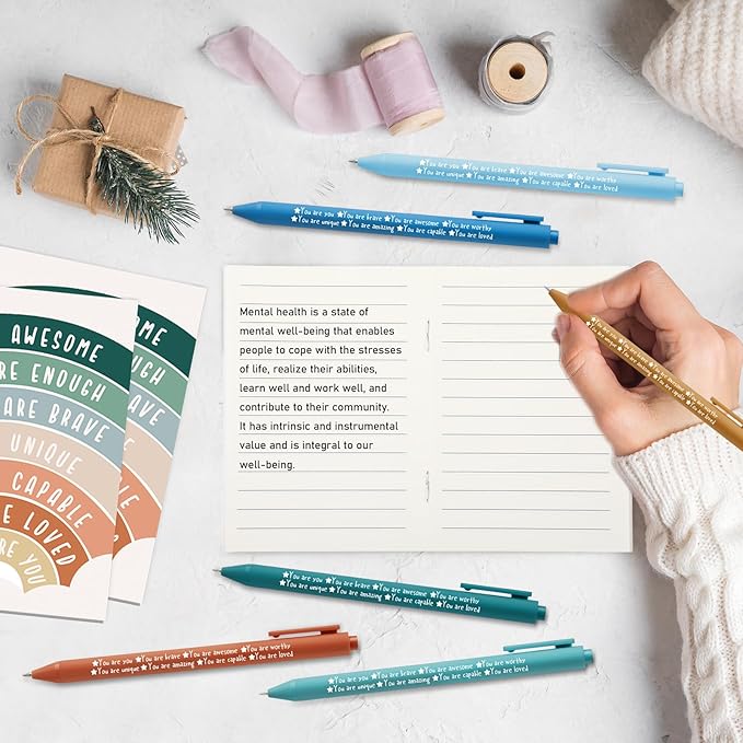 Janlaugh 60 Pcs Positive Affirmations Reminder Notepad Motivational Pen Positive Psychology Pocket Notebooks with Colored Ballpoint for Volunteer Week Mental Health Therapy Teacher Student Classroom