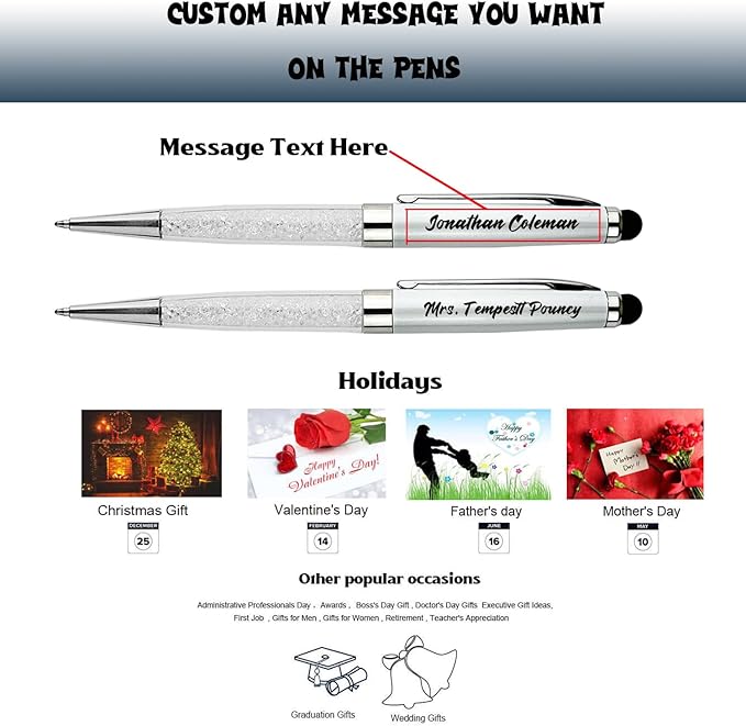 Personalized Ballpoint Pens, Quality Metal Crystal Pens - Custom your Name or Message, Wiht 10 Black Ink Refills Stylus pens Gift for Office, Anniversaries, Graduations, Birthdays 12pcs/Pack