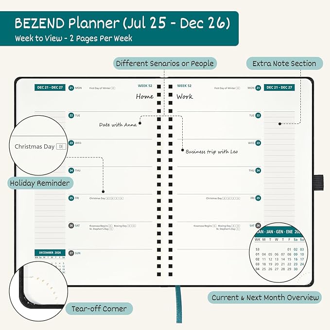 BEZEND Weekly Planner 2025-2026 with 2 Columns, 8.5" x 11" Academic Calendar 18 Months (Jul 25-Dec 26) Life Work Appointment Book with Monthly Tab, PU Leather Softcover Spiral - Mustard