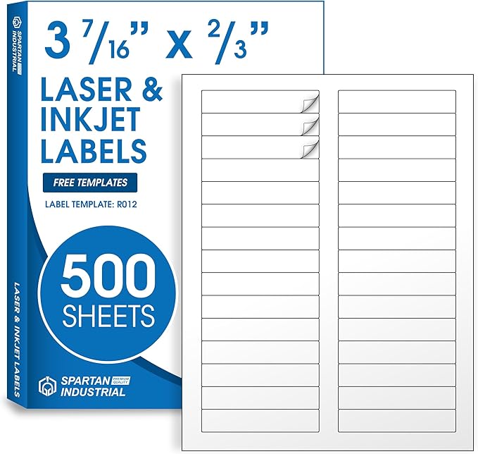 3 7/16" X 2/3" Matte White File Folder Labels Compatible with Inkjet and Laser Printers - 500 Sheets, 15000 Printable Paper Stickers for Return Addresses, Mailing, Organizing - Spartan Industrial