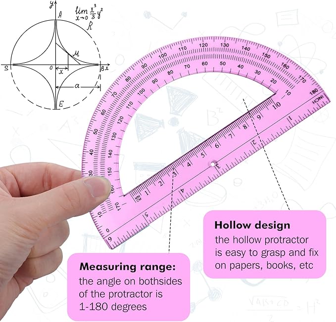 Zonon 2 Pcs 6 Inch Plastic Protractor Math Protractors 180 Degrees Angle Measurement, Translucent for Geometry Classroom Kid Student School Office Supplies(Pink)