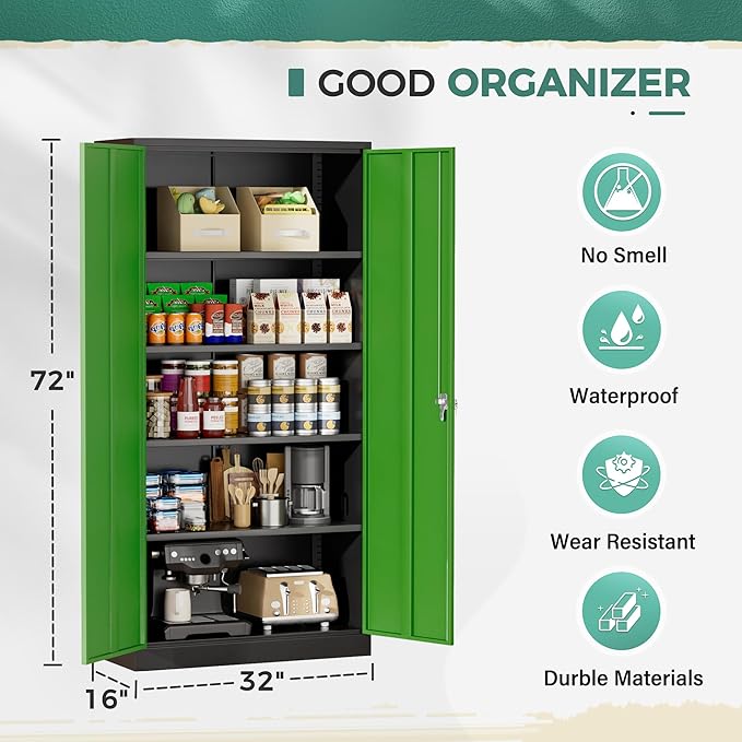 Greenvelly Metal Garage Storage Cabinet, 72" Tall Steel Storage Cabinets with Doors and Adjustable Shelves, Metal Tool Cabinets, Locking File Cabinet for Home Office, Garage, School (Black&Green)