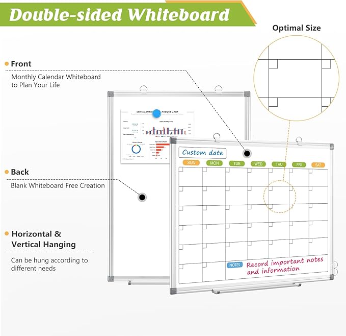 Monthly Calendar Dry Erase Whiteboard for Wall, 36" x 24" Magnetic Dry Erase Board, Hanging Double-Sided White Board, Portable Board for School, Planning, Memo, Home, Office, 2025 Calendar