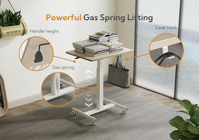 Mobile Standing Desk, Small Rolling Standing Desk, Mobile Desk Workstation with Wheels, Pneumatic Mobile Laptop Desk for Home Office with Hook, Natural
