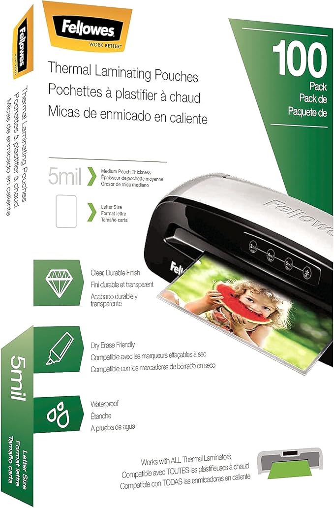 Fellowes Thermal Laminating Pouches, 5mil Letter Size Sheets, 9 x 11.5, 100 Pack, Clear (5743501)