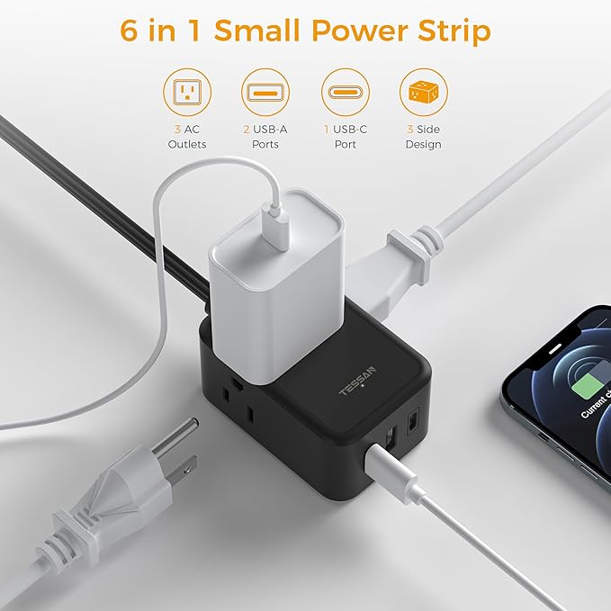 Flat Black Extension Cord, TESSAN Ultra Thin Power Strip with 3 USB Wall Charger (1 USB C), 3 Outlets Small Charging Station, 5 ft Slim Plug for Cruise Travel Office School Dorm Room Essentials