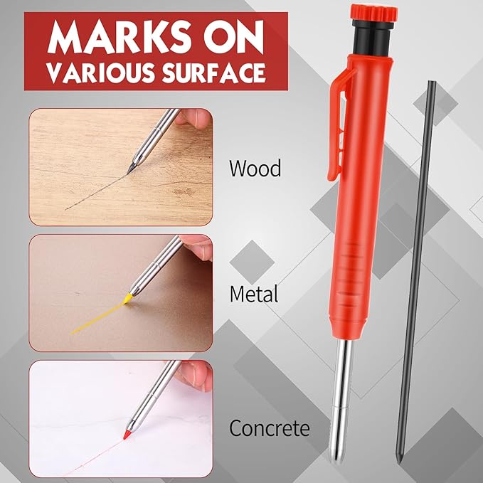 8 pack 2.8mm Mechanical Carpenter Pencils with 48 Refills, Construction Pencils with Built-in Sharpener, Long Nib Deep Hole Marker, Heavy Duty Woodworking Tools (Black+red)