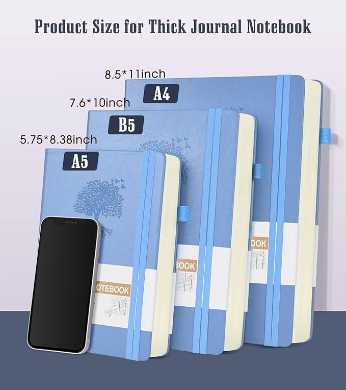 Lined Journal Notebook -365 Pages A5 Thick Journals for Writing College Ruled Notebook, Hardcover Leather Journal for Women Men, Daily Journal Notebook for Work, Note Taking, 100Gsm Lined Paper ( 5.75'' X 8.38'' Blue)