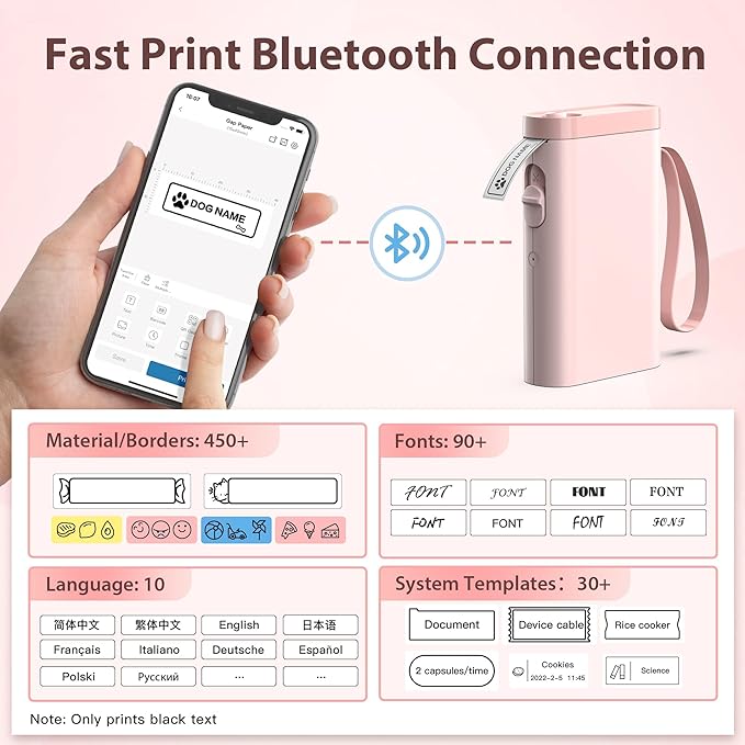 P21 Label Maker Machine with Tape, Label Printer Thermal Mini Label Makers with Built-in Cutter and Multiple Templates, Portable Printers for School, Office and Home Use (Pink), 1Pack