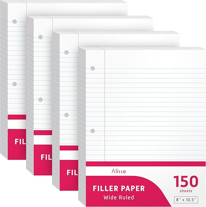 Loose Leaf Paper, Wide Ruled, 600 Sheets (150/Pack) Filler Paper for Writing Notes - School, College, Office - 3 Hole-Punch Lined Sheets for Ring Binders, Pocket Folders - White, 8 x 10.5