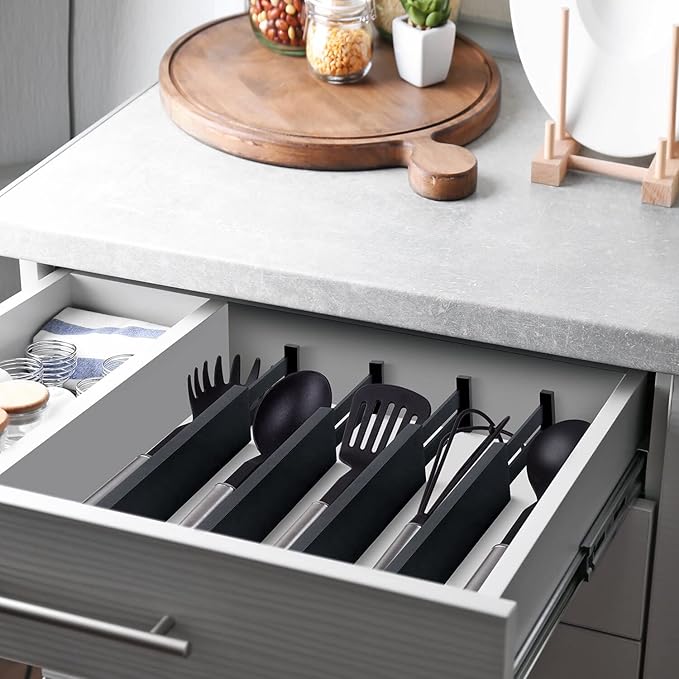 4 Pack Bamboo Drawer Dividers, Adjustable Length from 12 Inch to 17 Inch, Expandable Kitchen Drawer Organizer, Drawer Organization Separators for Clothes, Kitchen, Bedroom, Dresser, Office (Black)