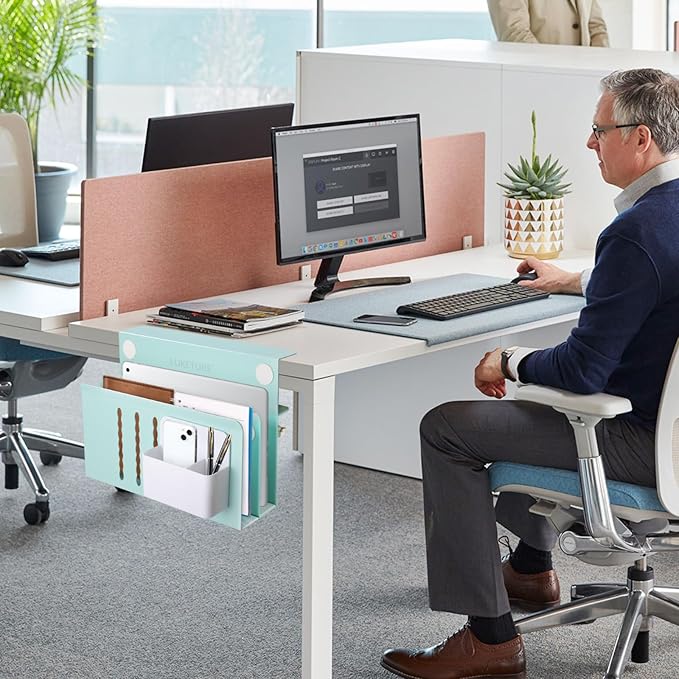 LUKETURE Desk Side Storage, 2 Tier Steel Hanging Organizer, No Drill Side Desk Organizer, Laptop Holder, with Pen Holder, Hanging Table Storage for Office and Home (Blue, L(2 Tier))