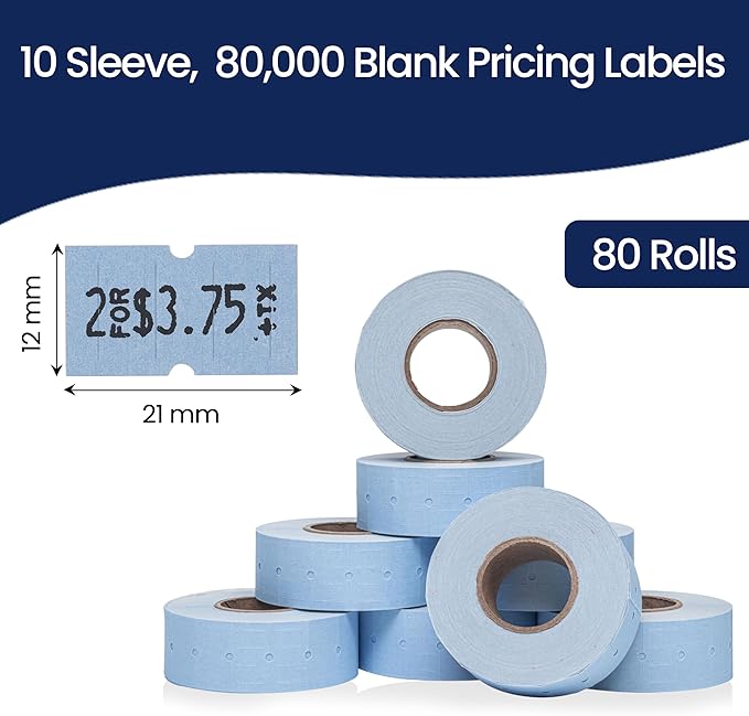 Perco 1 Line Blue Labels - 80 Rolls, 10 Sleeves, 80,000 Blank Price and Date Gun Labels for Perco 1 Line Price and Date Guns - Made in USA