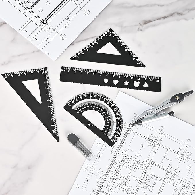 6 Pcs Metal Geometry Set, Math Geometry Kit, Metal Ruler Set and Compass Geometry Tool, Rulers Protractor and Compass Set for Student School and Drawings Supplies (Black)