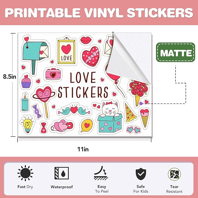 60 PCS Printable Vinyl Sticker Paper for Inkjet Printer & Laser Printer,Standard Letter Size 8.5"x11",Waterproof Sticker Paper Dries Quickly Vivid Colors,Matte White