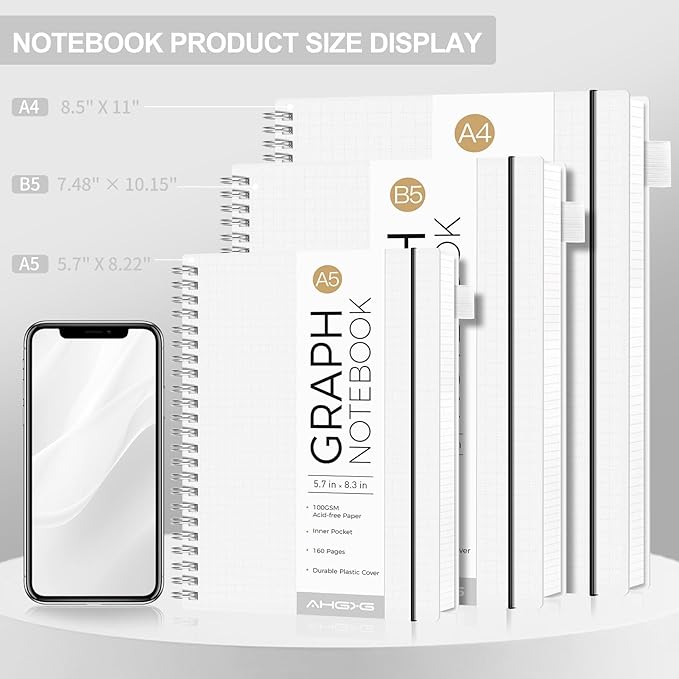 AHGXG Graph Paper Notebook - Spiral Notebook Journal 160 Pages, A5 Graph Notebook 5.7" x 8.3", 100 gsm Thick Grid Paper, Waterproof Plastic Cover, for School Writing Engineering Math, Transparent