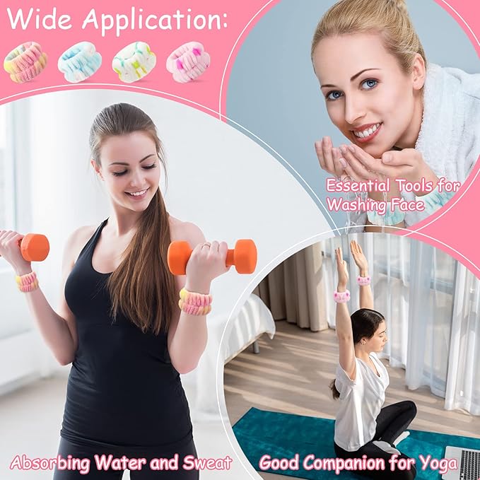 Chuangdi 4 Pairs Wrist Bands for Washing Face Wrist Spa Microfiber Wash Towel Band Scrunchies Absorbent Wristbands Sweatband for Women Prevent Liquid from Spilling