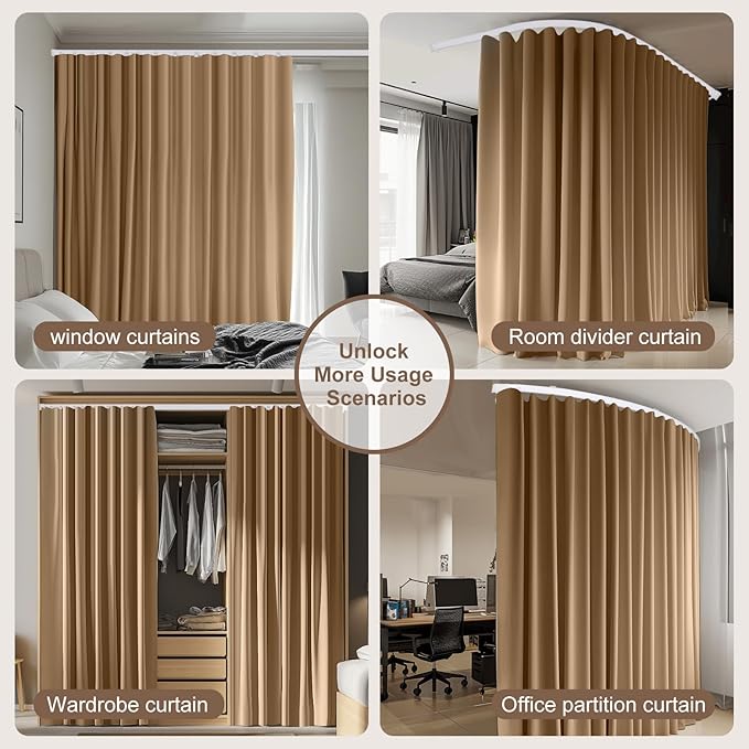 Room Divider Curtains & Flexible Bendable Tracks Set,Privacy Dividers Ceiling Track Curtain Window Blackout Curtains for Living Room Bedroom (W100 × H84 in 1 Panel Khaki Drape & White Rail)