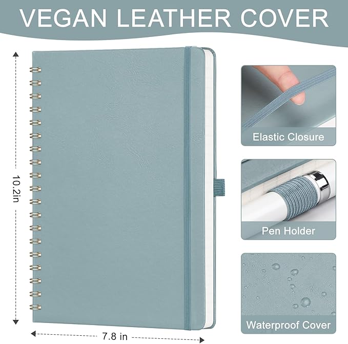 AHGXG Lined Spiral Journal Notebook, B5 Large Notebooks for Women Men, 140 Pages Hardcover Leather Notebook College Ruled, 100 GSM Paper, Notebooks for Work School Note Taking, 7.6" x 10", GrayBlue