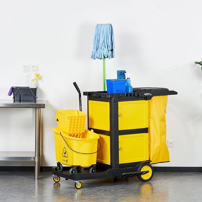 Restaurantware-Clean Tek Professional 3-Shelf Janitor Cart with Wheels, 1 Cleaning Trolley with Cover and 21 Gallon Bag - Includes 1 Double Locking Cabinet, Heavy-Duty, Gray Plastic Janitorial Cart