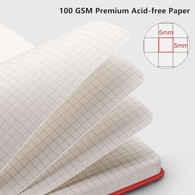 RETTACY Graph Grid Paper Notebook, 192 Pages, A5 Medium Size (5.7'' x 8.3''), 5 Squares per Inch, Leather Hardcover, 100 GSM Thick Paper, for School, Students, Math, Engineering (Red)