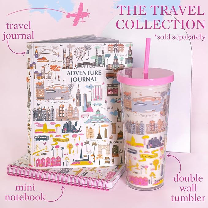 Steel Mill & Co Cute Mini Spiral Notebook, 8.25" x 6.25" Journal with Durable Hardcover and 160 Lined Pages, Travel Icons
