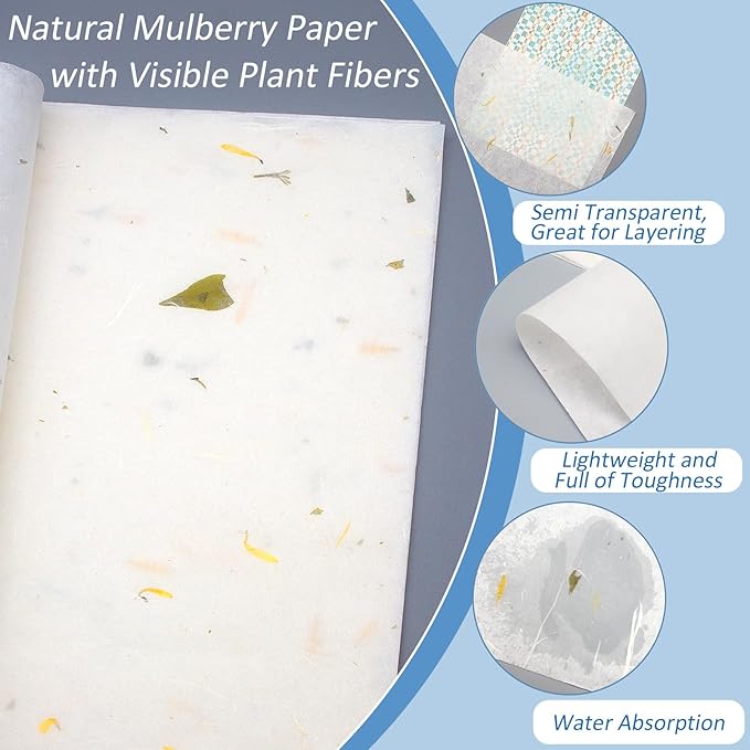 Benvo 50 Sheets A4 Natural Mulberry Paper Visible Leaves Fiber Rice Paper Printable Decoupage Tissue Paper Sheets for Writing, Painting, Card Making, DIY Crafts(8.3x11.7in, Semi Transparent Off White)