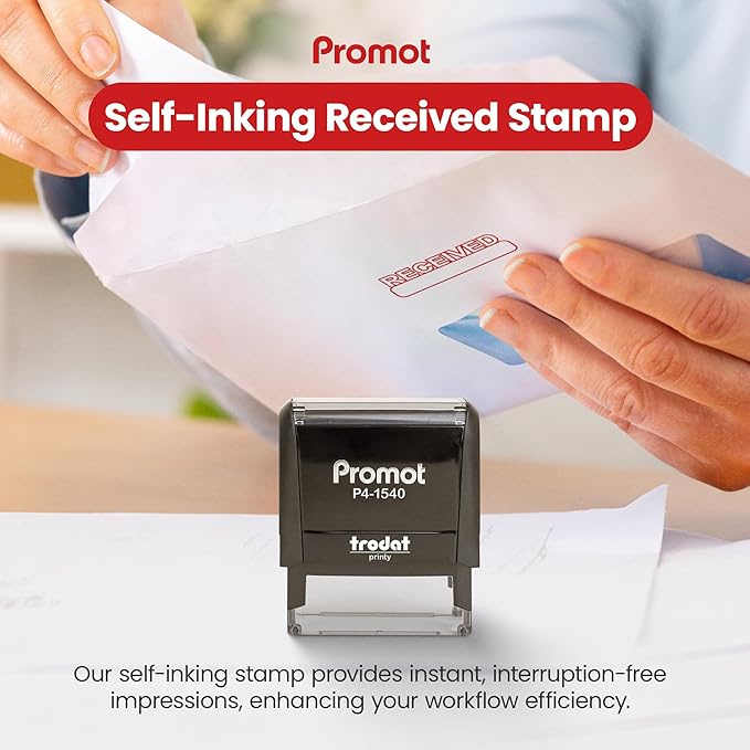 Promot Received Self Inking Rubber Stamp - Refillable Received Stamper - Business, Bookkeeping, Ordering, Accounting, Work, Office Stamps - Red Ink