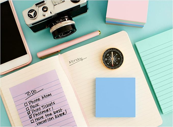 Post-it 100% Recycled Paper Super Sticky Notes, Lined, 4 in. x 6 in., 4 Pads, 45 Sheets per Pad, Wanderlust Pastels, School Supplies and Office Products