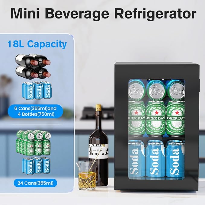 24 Cans Beverage Refrigerator Cooler, Mini Fridge Countertop Drink Cooler for Soda, Canned Beer, Adjustable Digital Temperature Control for Home Dorm Office, Black
