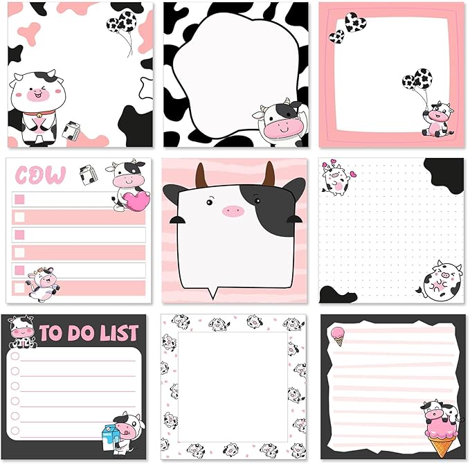 9 Pads Cute Sticky Notes Cartoon Animal Self Stick Notepads 3x3 Inches Notes Adhesive Memo Pad Office Decor Gifts for Students School Office Meeting(Cow)
