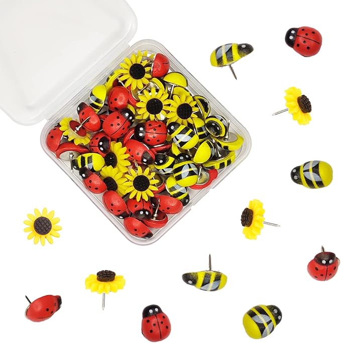 50 Pcs Animal Push Pins, DANUDON Bee Pushpins Sunflower Thumbtacks Decorative Bumble Bee Shaped Floret Thumb Tacks Decorations for Photo Wall Memo Cork Board Bulletin Board Map with Box