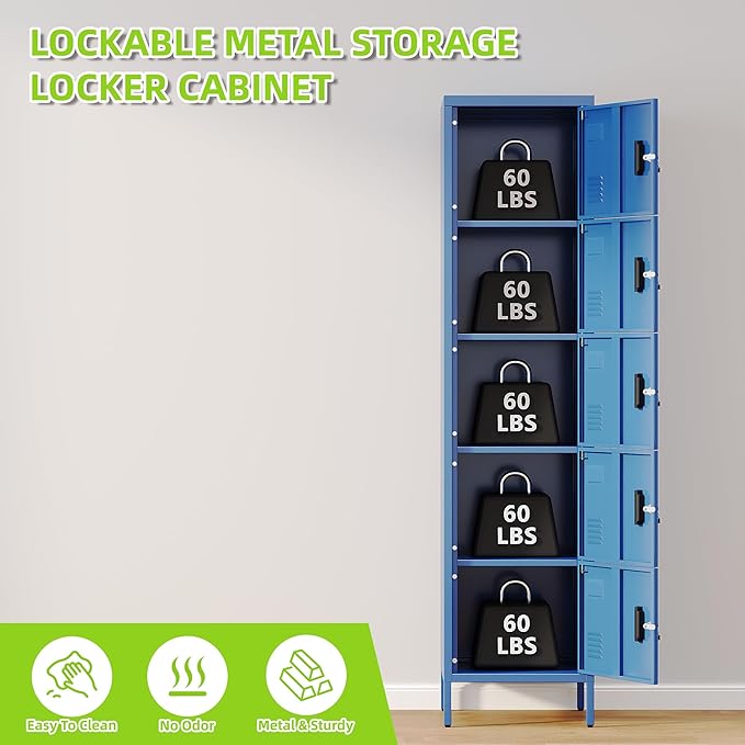 Aobabo 16" W 5 Door Metal Storage Locker with Lock, 66" H Steel Locker with Name Card Holder and Metal Leg for School, Home, Office, Playroom, Assembly Required, Blue