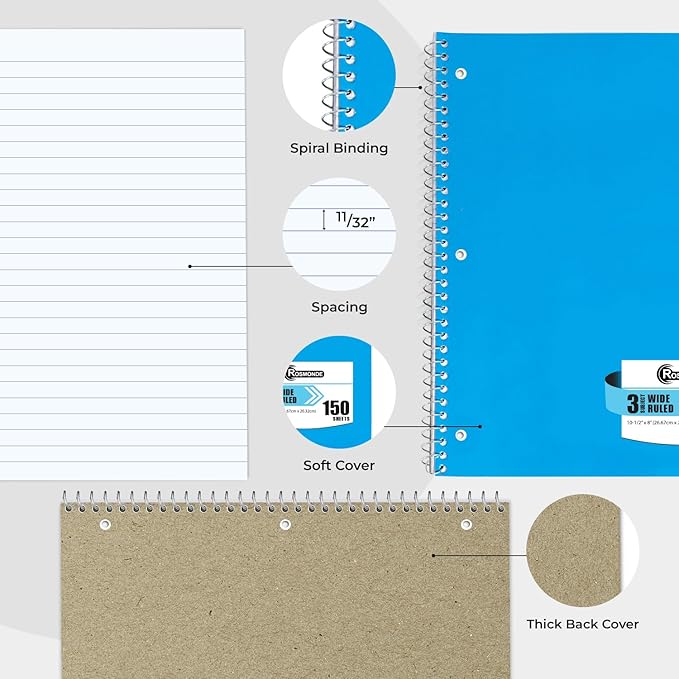 3 Subject Notebook Wide Ruled, 12 Pack, Long Lasting, Extra Pages - 300 Pages (150 Sheets), No-Bleed Thick Paper, 3 Hole Punched, 8x10-1/2, 3 Subject Spiral Notebook for School, Home & Office