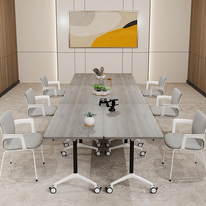 Folding Conference Table, Modern Large Conference Room Tables with Flip-Top Design, Foldable Conference Table Meeting Table with Wheels, Mobile Seminar Training Tables for Office Classroom (4, Oak)