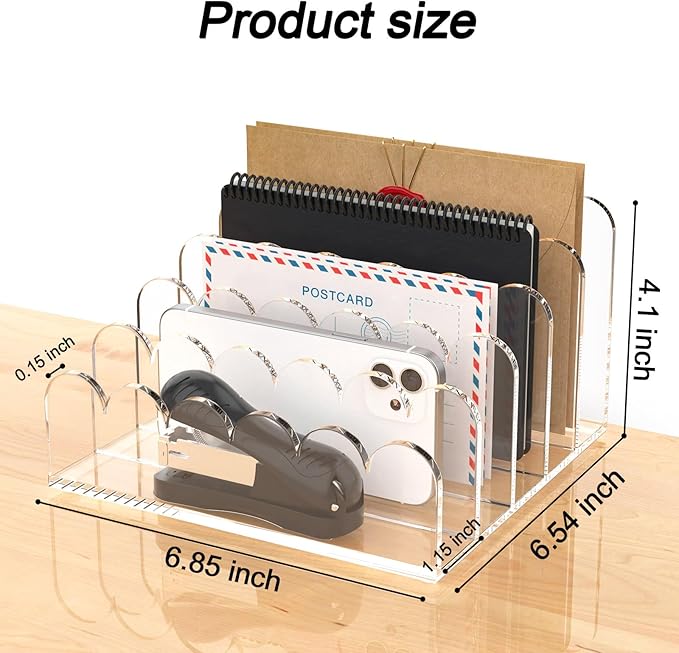 YAGELI 2 Pack 5-Slot Acrylic Mail Organizer for Desktop – Scalloped Clear Document Sorter, Vertical File Holder for Office/Home, Space-Saving Desk Organizer for Letters, Bills, Stationery