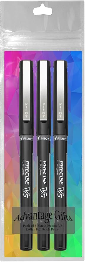 Precise V5 Stick Rolling Ball Pens, Extra Fine Point (.5mm), Black Ink, 3-pk; Bundle with Plastic Reusable Pouch