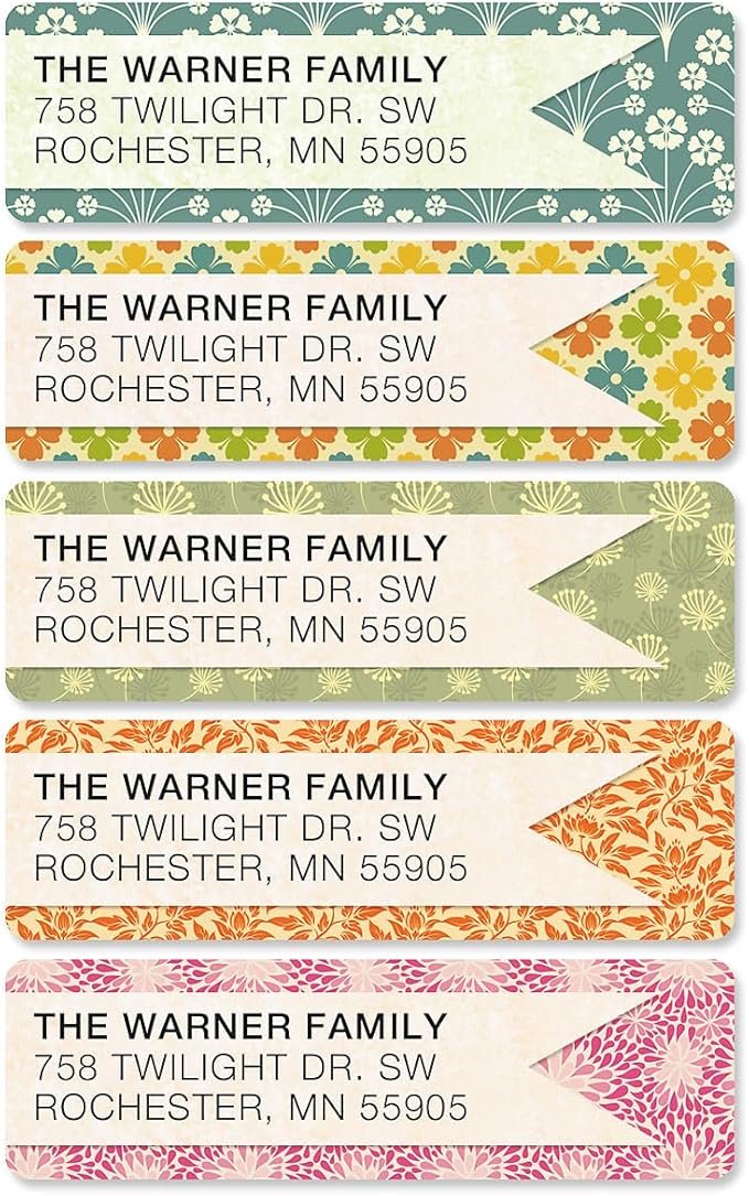 Blossom Banner Rolled Personalized Return Address Mailing Labels with Dispenser, Set of 500, 5 Designs, Small ¾ x 2½ Inch Size, Custom Self-Adhesive Sticker Roll, by Colorful Images