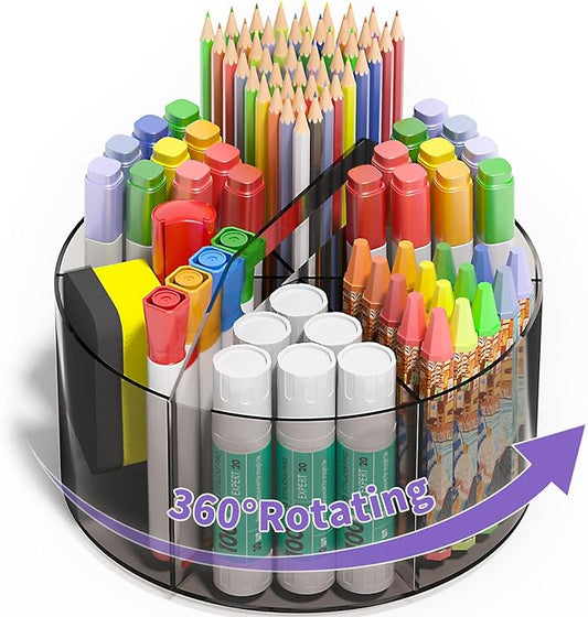 Acrylic Pen Organizer, 360 Degree Rotating Desk Organizer with 6 Compartments Crayon Holder for Office, School, Home, Art Supply, Grey