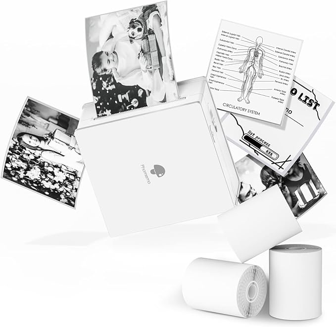 Phomemo Sticker Printer- Mini Thermal Sticker Printer Machine, Small Pocket Label Maker Instant Print for DIY Creation, Study Notes, Photos, Portable Inkless Photo Maker for Kids/Students, White