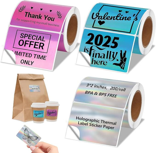 3x2'' Holographic Thermal Labels,3 Rolls Square Label Sticker for Phomemo 241BT for MUNBYN 130B/RW402B Printer,600Pcs Waterproof Label Paper for Address/Logo/Barcode/Price/Thanks