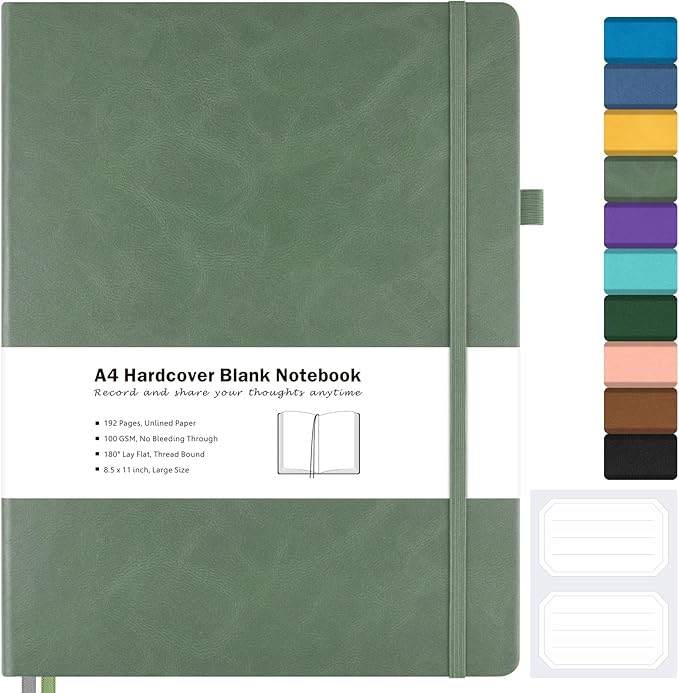 Blank Notebook, Hardcover Sketch Book, 8.5" x 11" Large Blank Journal, No Bleed Thick Paper Sketchbook for Drawing, Unlined Notebook Journal for Women Men, A4 Leather Sketchbook, Lay Flat, Light Green