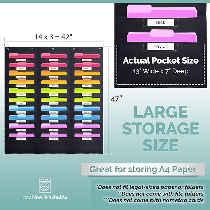 Hippo Creation Heavy Duty Storage Pocket Chart for Classroom, 30 Pocket Storage Organizer with 5 Over-Door Hangers, Hanging Wall Organizer for File Folders, School Mailbox, Home Office Papers - Black