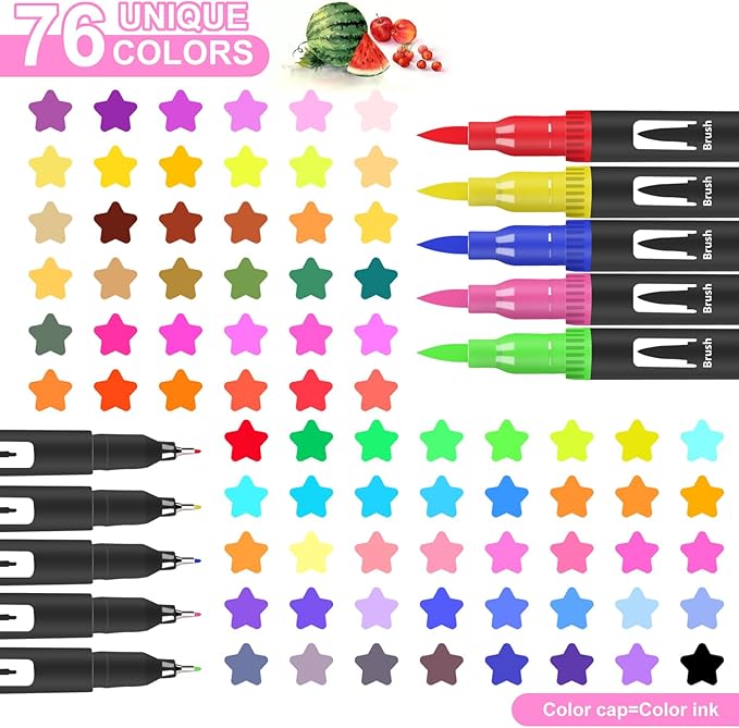 76 Colors Dual Tip Brush Pens with Brush Tip and Fine Tip for Artists Adult, Coloring Markers for Adult Coloring Books Professional Marker Set for Note Taking and Lettering