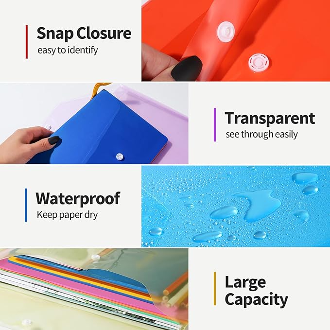 LEOBRO Plastic File Folders for Documents, 4 PCS File Folders, A4 Size Plastic Folders, Plastic Envelopes with Snap Closure, Clear Envelopes Pouches Folder Organizer Document Holder, Filing Envelopes