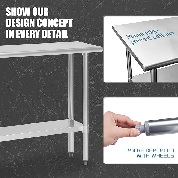 Hally Stainless Steel Table for Prep & Work 14 x 60 Inches, NSF Commercial Heavy Duty Table with Undershelf and Galvanized Legs for Restaurant, Home and Hotel