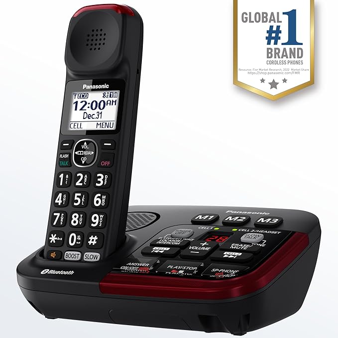 Panasonic Amplified Cordless Phone with Slow Talk, 40dB Volume Boost, 100dB Lound Visual Ringer, Hearing Aid Compatibility, Large Screen and Backlit Keypad, Link2Cell - KX-TGM430B - 1 Handset (Black)