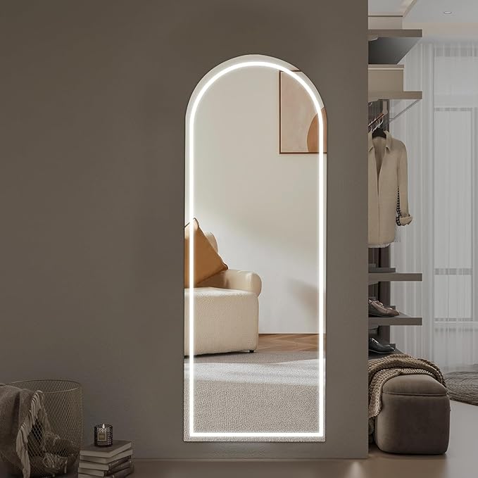 71" x 26" Arched Full Length Mirror with LED Lights, Floor Mirror with Stand, Full Length Body Floor Mirrors, Wall Mounted Mirrors for Bedroom Dimmable Tempered Glass