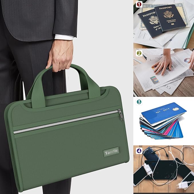 Tamfile Fireproof Accordion File Organizer with Handle, 13 Pocket Expanding File Folder with Zipper & Labels, File Folder with Multi-Pockets Paper Organizer Folder for Letter A4 Files, Green